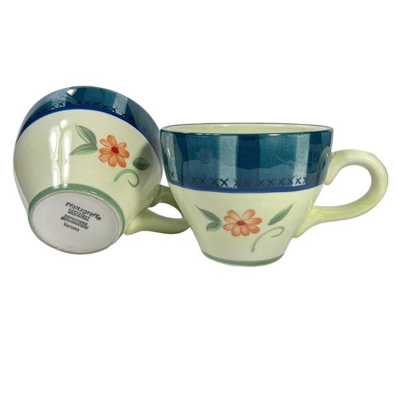 Set of 2 Pfaltzgraff Verona Coffee Cups Green Blue  Floral 16 oz Mug Cottagecore - Picture 2 of 13